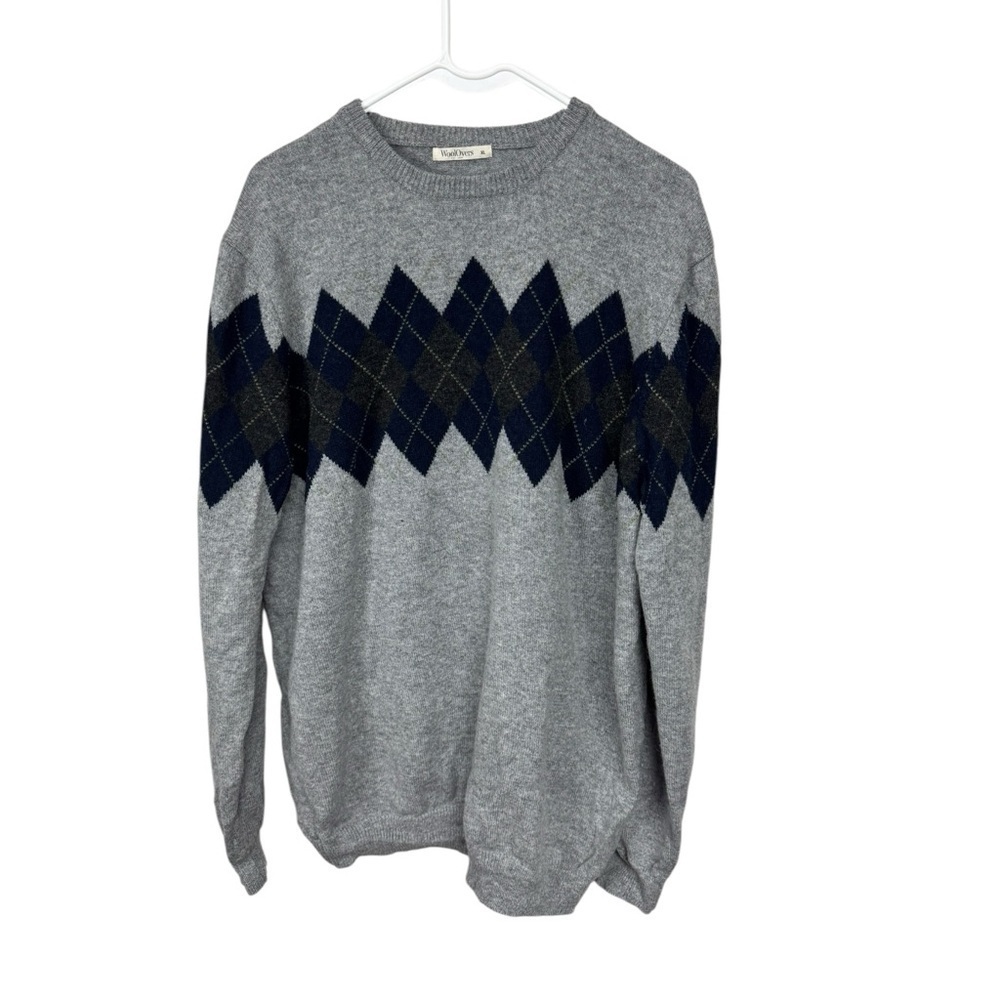 WoolOvers Gray Navy Argyle Lambswool Crew Sweater XL